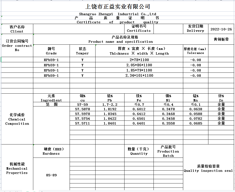 Quality specification table
